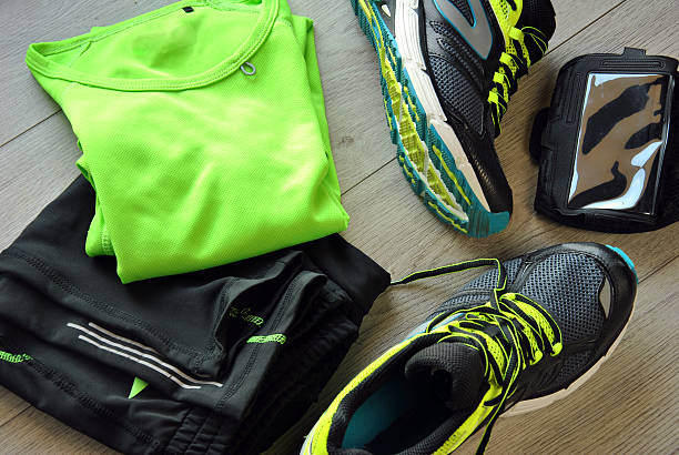 Training shirt, shorts and running shoes laid out